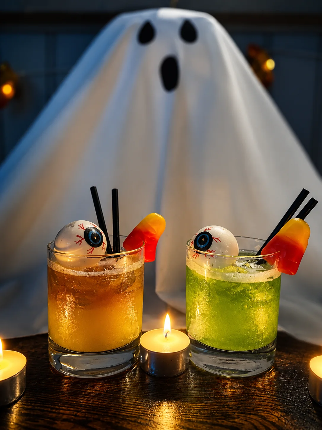 Two Halloween cocktails with sweet garnishes and a ghost decoration