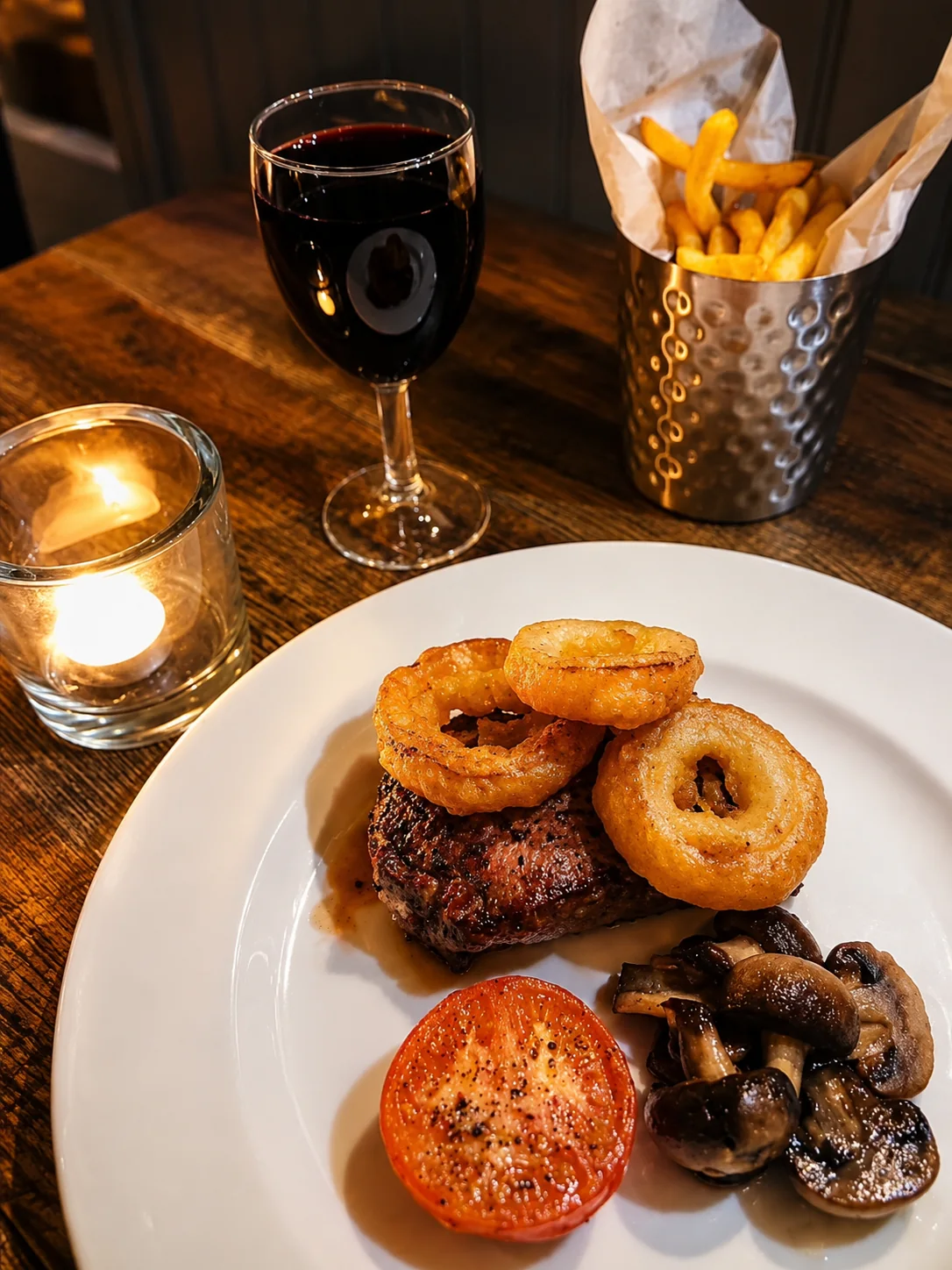 Steak with onion rings, mushrooms, tomato, chips and red wine