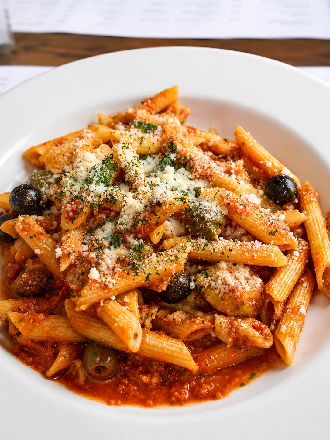 Penne pasta with tomato sauce, olives, herbs and grated cheese